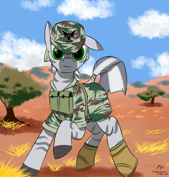 Size: 1280x1338 | Tagged: safe, artist:frecklesfanatic, oc, oc only, unnamed oc, zebra, boots, camouflage, clothes, hat, military, military uniform, rhodesia, selous scouts, shorts, tail wrap, uniform