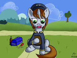Size: 800x600 | Tagged: safe, artist:frecklesfanatic, oc, oc only, oc:littlepip, pony, unicorn, fallout equestria, alternate timeline, alternate universe, clipboard, conveniently obscured cutie marks, fanfic, fanfic art, female, freckles, hat, horn, locksmith, mare, solo, toolbox