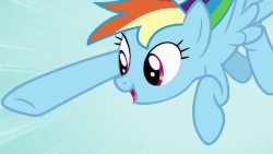 Size: 1000x563 | Tagged: safe, screencap, rainbow dash, g4, tanks for the memories, animated, female, flying, open mouth, pointing, smiling, solo, talking