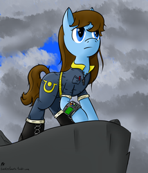 Size: 1500x1750 | Tagged: safe, artist:frecklesfanatic, oc, oc only, oc:nuclear winter, fallout equestria, boots, clothes, jumpsuit, pipbuck, stable-tec, vault suit
