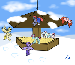 Size: 1280x1120 | Tagged: safe, artist:frecklesfanatic, oc, oc only, oc:indigo dawn, oc:noctis, pegasus, pony, behaving like a bird, bird feeder, cotton candy tail, hot chocolate, micro, micro ponies, pegasus feeder, snow, winter