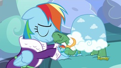 Size: 1280x720 | Tagged: safe, screencap, rainbow dash, tank, g4, tanks for the memories, bathrobe, clothes, crying, dashie slippers, snuggling