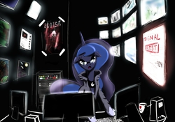 Size: 1750x1223 | Tagged: safe, artist:spacehunt, princess luna, g4, annoyed, clothes, coffee mug, computer, dream walker luna, glasses, hoodie, youtube