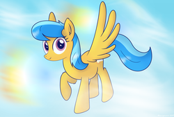 Size: 1699x1147 | Tagged: safe, artist:bluemeganium, sky sweeper, pegasus, pony, g4, background pony, cloud, cloudy, rainbows, sky