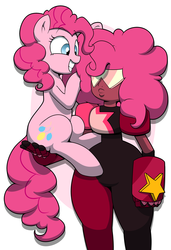 Size: 3900x5700 | Tagged: safe, artist:strangerdanger, pinkie pie, earth pony, gem (race), pony, g4, crossover, duo, duo female, female, fusion, garnet (steven universe), gauntlet, gem fusion, grin, mare, smiling, squee, steven universe