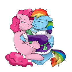 Size: 1000x1000 | Tagged: safe, artist:stockingstreams, pinkie pie, rainbow dash, tank, earth pony, pegasus, pony, g4, tanks for the memories, bathrobe, clothes, coat, crying, female, hug, lesbian, mare, messy mane, scrunchy face, ship:pinkiedash, shipping, simple background, transparent background