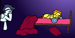 Size: 2560x1304 | Tagged: safe, artist:phonicb∞m, soarin', spitfire, wave chill, pegasus, pony, fanfic:piercing the heavens, g4, aftersex, bed, blanket, buried, calm wind, color, fanfic, female, implied sex, male, mare, pillow, shipping, sleeping, snickering, stallion, tongue out, wavefire