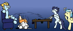 Size: 2560x1080 | Tagged: safe, artist:phonicb∞m, fire streak, lightning streak, misty fly, soarin', fanfic:piercing the heavens, g4, billiards, calm wind, color, cue ball, fanfic, laughing, old cutie mark, oops, pain