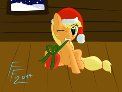 Size: 1400x1050 | Tagged: safe, artist:frecklesfanatic, applejack, g4, apple, christmas, filly applejack, freckles, hat, present, santa hat, winter