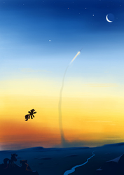 Size: 2893x4092 | Tagged: safe, artist:dtzon, apple bloom, scootaloo, sweetie belle, g4, future, moon, older, rocket, scenery, space, spaceship, sunset