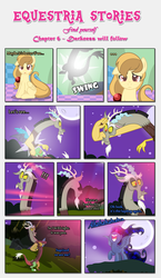 Size: 1919x3317 | Tagged: safe, artist:estories, discord, oc, oc:alice goldenfeather, oc:penumbra, alicorn, draconequus, pegasus, pony, comic:find yourself, g4, comic, crystal, crystal horn, full moon, glowing, glowing horn, horn, moon, teleportation