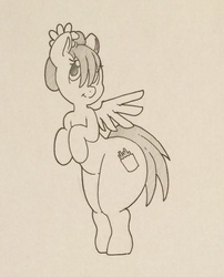 Size: 1032x1280 | Tagged: safe, artist:zacharyisaacs, oc, oc only, oc:feather fry, pegasus, pony, explicit source, hair bun, monochrome, solo, traditional art