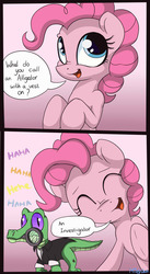 Size: 1245x2265 | Tagged: safe, artist:mistydash, gummy, pinkie pie, g4, clothes, comic, magnifying glass, pun, tuxedo