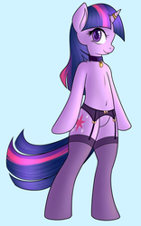 Size: 553x889 | Tagged: safe, artist:hic-sunt-equi, twilight sparkle, pony, unicorn, semi-anthro, g4, bipedal, clothes, collar, female, garter belt, horn, horn ring, mare, solo, stockings