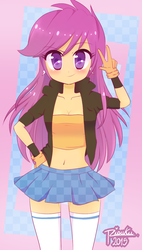 Size: 623x1099 | Tagged: safe, artist:riouku, scootaloo, human, g4, belly button, cleavage, clothes, cute, cutealoo, female, humanized, looking at you, midriff, older, older scootaloo, peace sign, skirt, skirtaloo, smiling, solo, teenager