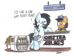 Size: 2134x1641 | Tagged: safe, artist:bobthedalek, oc, oc only, oc:kettle master, oc:tilly towell, earth pony, pony, airport, clothes, glasses, hat, jack, pet carrier, traditional art