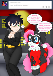 Size: 1645x2355 | Tagged: safe, artist:blackbewhite2k7, pinkie pie, human, g4, ask, catwoman, crossover, harley quinn, selina kyle, tumblr, unintentional racism