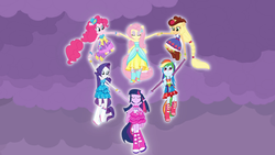 Size: 1366x768 | Tagged: safe, screencap, applejack, fluttershy, pinkie pie, rainbow dash, rarity, twilight sparkle, equestria girls, g4, boots, fall formal outfits, female, heart, high heel boots, mane six, ponied up, pony ears, twilight ball dress, twilight sparkle (alicorn), wings