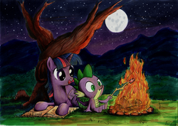 Size: 2000x1412 | Tagged: safe, artist:ecmonkey, spike, twilight sparkle, alicorn, pony, g4, book, campfire, cute, featured image, female, fire, full moon, mare, markers, marshmallow, moon, night, open mouth, prone, sitting, smiling, traditional art, tree, twilight sparkle (alicorn)