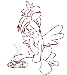 Size: 1280x1435 | Tagged: safe, artist:emberkaese, oc, oc only, oc:feather fry, pegasus, pony, banana, blech, deep fried bananas, disgusted, food, hair bun, hot, monochrome, solo