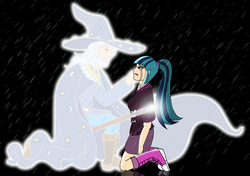 Size: 3404x2398 | Tagged: safe, artist:westphalianartist, sonata dusk, star swirl the bearded, ghost, siren, equestria girls, g4, crying, hallucination, hat, high res, kneeling, rain, robes, sad, soaked, the dazzlings, vision, wet