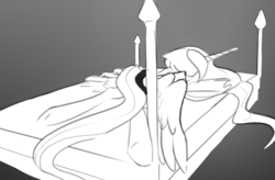 Size: 1280x840 | Tagged: safe, artist:darkflame75, princess luna, lunadoodle, g4, bed, female, monochrome, sleeping, solo