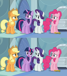 Size: 1912x2148 | Tagged: safe, screencap, applejack, pinkie pie, rarity, twilight sparkle, alicorn, pony, g4, tanks for the memories, animation error, comparison, discovery family logo, female, mare, nitpicking, rainbow dash's house, twilight sparkle (alicorn)