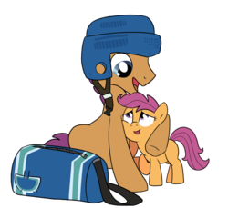 Size: 614x563 | Tagged: safe, artist:impydoo, forecheck, scootaloo, earth pony, pegasus, pony, g4, my little pony: friendship is magic, tanks for the memories, duffle bag, father, father and daughter, helmet, hug, scootadad