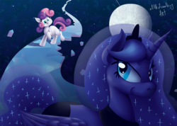 Size: 900x641 | Tagged: safe, artist:alittleofsomething, princess luna, sweetie belle, for whom the sweetie belle toils, g4, dream, dream walker luna, moon, smiling