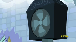 Size: 1280x720 | Tagged: safe, screencap, g4, tanks for the memories, discovery family logo, fan, no pony, weather factory