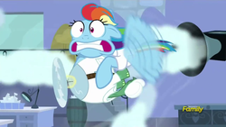 Size: 1280x720 | Tagged: safe, screencap, rainbow dash, tank, g4, tanks for the memories, discovery family logo, faic, weather factory, weather factory uniform