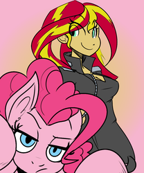 Size: 750x900 | Tagged: safe, artist:reiduran, artist:snowpawstudios, color edit, pinkie pie, sunset shimmer, equestria girls, g4, bedroom eyes, cleavage, colored, female, frown, smiling