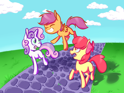 Size: 1200x900 | Tagged: safe, artist:vividvulpine, apple bloom, scootaloo, sweetie belle, g4, cutie mark crusaders