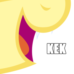 Size: 612x612 | Tagged: safe, edit, fluttershy, bat pony, pony, g4, caption, close-up, fangs, female, flutterbat, image macro, kek, meme, mouth, nose, nostrils, open mouth, race swap, recolor, simple background, smiling, solo, teeth, tongue out, tooth, transparent background