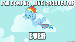 Size: 610x343 | Tagged: safe, screencap, rainbow dash, g4, cloud, cloudy, female, i have done nothing productive all day, image macro, lazy, meme, solo