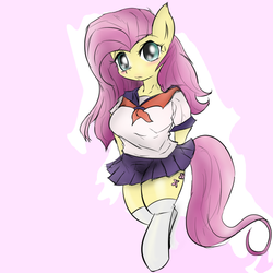 Size: 1080x1080 | Tagged: safe, artist:mabo3, fluttershy, anthro, g4, clothes, female, pixiv, school uniform, skirt, solo