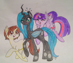 Size: 1142x989 | Tagged: safe, artist:ameliacostanza, queen chrysalis, twilight sparkle, alicorn, pony, unicorn, g4, crossover, crossover shipping, friendship, male, peter parker, ponytail, shipping, spider-man, spiders and magic iii: days of friendship past, spiders and magic: rise of spider-mane, spidertwi, twilight sparkle (alicorn)
