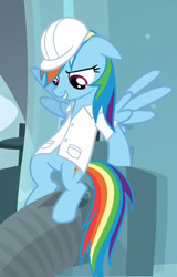Size: 544x849 | Tagged: safe, screencap, rainbow dash, pegasus, pony, g4, tanks for the memories, clothes, context is for the weak, cropped, female, looking down, mare, pipes, solo, weather factory, weather factory uniform