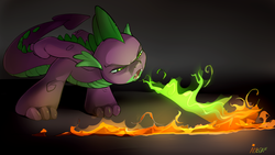 Size: 1920x1080 | Tagged: safe, artist:noben, spike, dragon, g4, fire, green fire, male, open mouth, solo, wallpaper