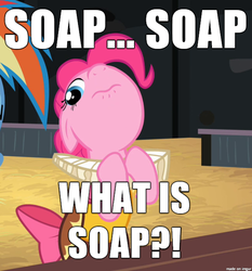 Size: 610x655 | Tagged: safe, screencap, chancellor puddinghead, pinkie pie, g4, hearth's warming eve (episode), image macro, meme, soap, spongebob squarepants, squirrel jokes