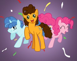 Size: 1280x1017 | Tagged: safe, artist:xenatalhaoui, cheese sandwich, party favor, pinkie pie, earth pony, pony, unicorn, g4, cute, diacheeses, diapinkes, favorbetes, female, male, mare, party trio, stallion
