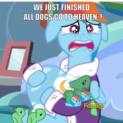 Size: 1150x1148 | Tagged: safe, screencap, rainbow dash, tank, g4, all dogs go to heaven, clothes, dashie slippers, depression dash, don bluth, tank slippers, tearjerker, this ended in tears