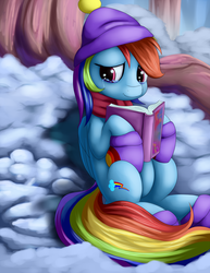 Size: 1275x1650 | Tagged: safe, artist:grennadder, rainbow dash, g4, tanks for the memories, book, clothes, crying, female, hat, implied tank, scarf, solo