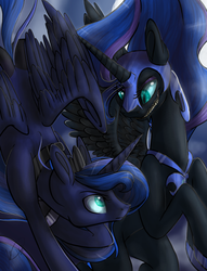 Size: 824x1080 | Tagged: safe, artist:ebonytails, nightmare moon, princess luna, g4, duality, duo, looking at each other, looking at someone, self paradox, self ponidox, sharp teeth, spread wings, teeth, wings