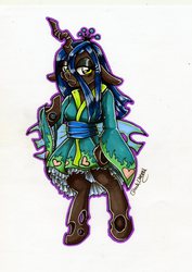 Size: 1493x2110 | Tagged: safe, artist:darkcherry87, queen chrysalis, changeling, changeling queen, anthro, semi-anthro, g4, arm hooves, crown, female, jewelry, kimono (clothing), regalia, solo, traditional art