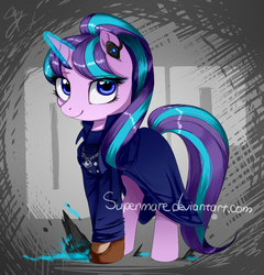Size: 944x984 | Tagged: safe, artist:supermare, starlight glimmer, g4, the cutie map, brooke augustine, clothes, crossover, d.u.p., department of unified protection, earbuds, female, glowing, glowing horn, headphones, horn, infamous, infamous second son, jewelry, looking at you, magic, pendant, s5 starlight, smiling, solo