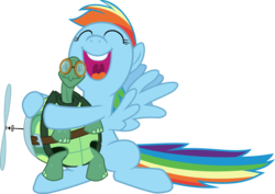 Size: 6000x4254 | Tagged: safe, artist:magister39, rainbow dash, tank, g4, tanks for the memories, absurd resolution, cute, dashabetes, eyes closed, goggles, happy, hat, hug, nose in the air, open mouth, propeller hat, simple background, smiling, spread wings, transparent background, uvula, vector