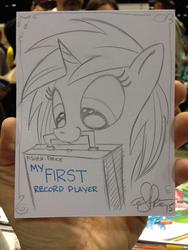 Size: 909x1212 | Tagged: safe, artist:andy price, dj pon-3, vinyl scratch, g4, cute, filly, traditional art, vinylbetes