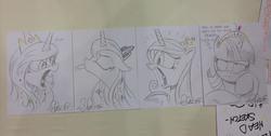 Size: 787x398 | Tagged: safe, artist:andypriceart, princess cadance, princess celestia, princess luna, twilight sparkle, alicorn, pony, alicorn tetrarchy, andy you magnificent bastard, female, little tongue, mare, this is why we can't have nice things, tongue out, traditional art, twilight sparkle (alicorn), twilight sparkle is not amused, unamused, yelling