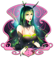Size: 1668x1854 | Tagged: safe, artist:koveliana, queen chrysalis, human, g4, chromatic aberration, cleavage, female, horn, horned humanization, humanized, solo